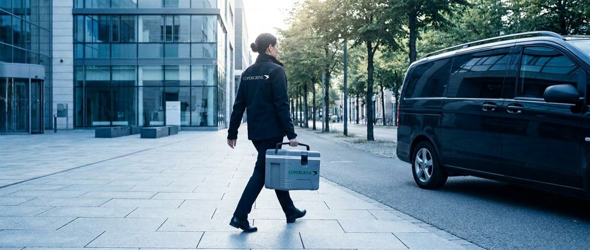 Copergrine medical courier carrying a cold-chain cooler to the transport vehicle