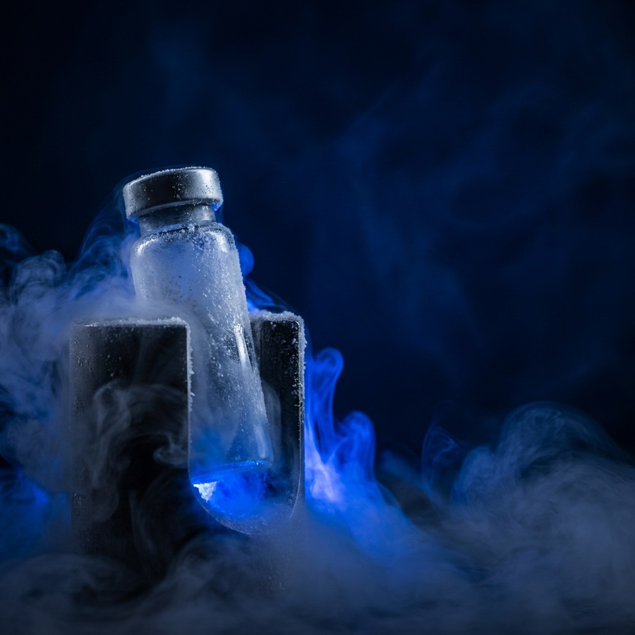 Frosted cryogenic specimen vial in nitrogen vapor
